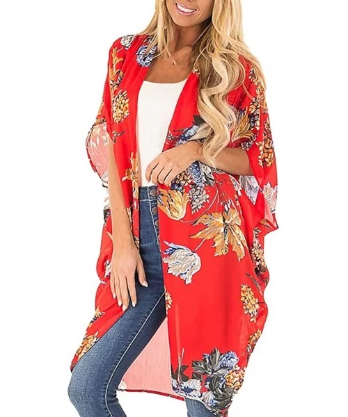 Cover-Ups Women Kimono Cardigan Chiffon Casual Loose Open Front Bikini Cover Up Tops - Red 03 - CE18UG82LC9