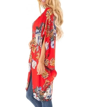 Cover-Ups Women Kimono Cardigan Chiffon Casual Loose Open Front Bikini Cover Up Tops - Red 03 - CE18UG82LC9