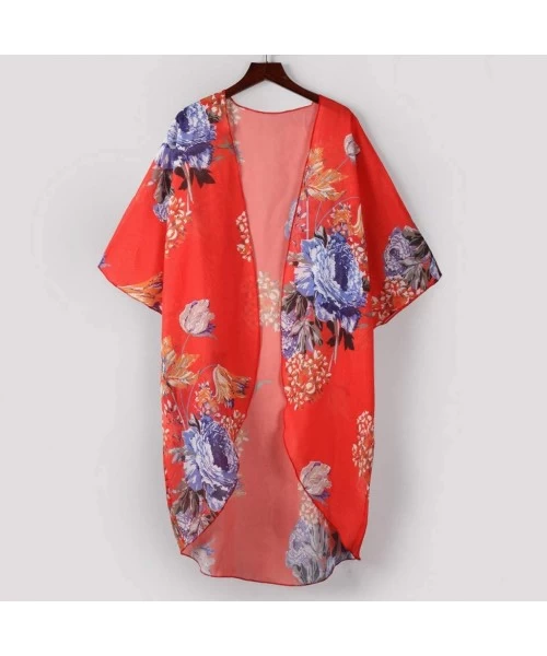 Cover-Ups Women Kimono Cardigan Chiffon Casual Loose Open Front Bikini Cover Up Tops - Red 03 - CE18UG82LC9