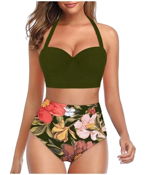 One-Pieces Swimsuit for Women Two Piece Retro Halter Ruched High Waist Print Bikini Set Swimwear Beach Bathing Suits Y a Gree...