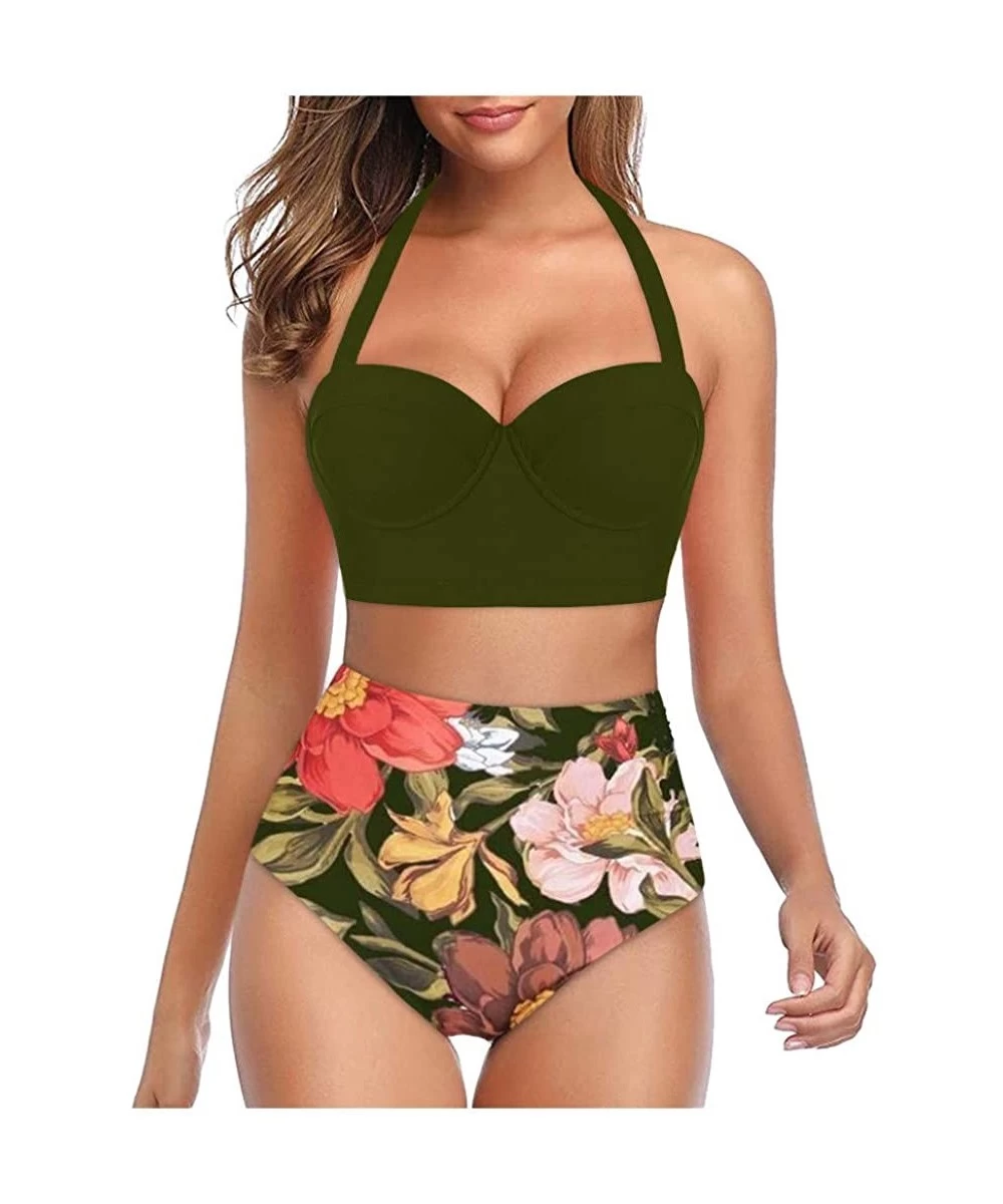 One-Pieces Swimsuit for Women Two Piece Retro Halter Ruched High Waist Print Bikini Set Swimwear Beach Bathing Suits Y a Gree...