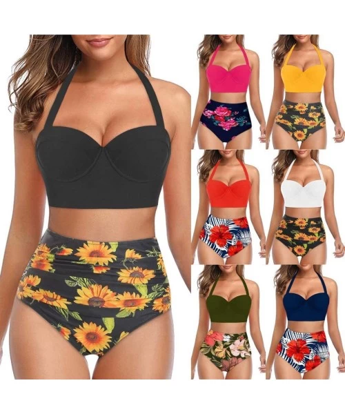 One-Pieces Swimsuit for Women Two Piece Retro Halter Ruched High Waist Print Bikini Set Swimwear Beach Bathing Suits Y a Gree...