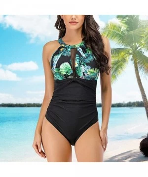 One-Pieces One Piece Bathing Suits for Women Swimsuits Tummy Control Ruched Sexy Slimming Swimwear Monokini High Neck Mesh - ...