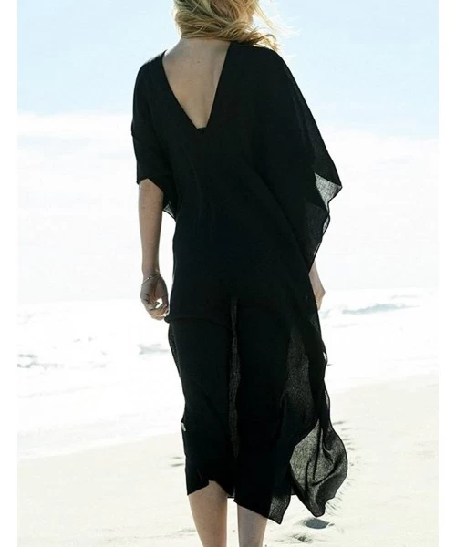 Cover-Ups Women Bathing Suit Cover Up Ethnic Print Kaftan Beach Maxi Dresses - Solid Black - C418EC3ZGYZ