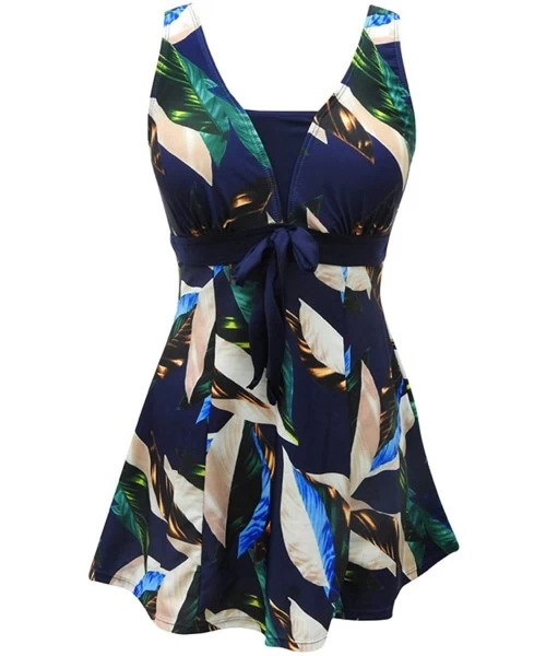 One-Pieces Womens Plus Size One Piece Swimsuits Floral Printed Swimdress Tummy Control Swimsuits Bathing Suit - Navy Leaf - C...