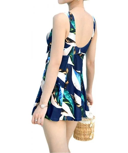 One-Pieces Womens Plus Size One Piece Swimsuits Floral Printed Swimdress Tummy Control Swimsuits Bathing Suit - Navy Leaf - C...