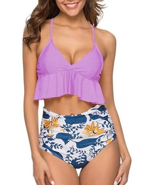 Sets Women Bikini Set High Waist Bikini Bottom Flounce Swimsuit Bathing Suit - Purple - CM18QCUUR2R