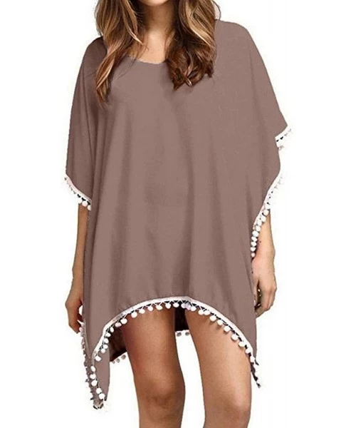 Cover-Ups Women Sexy Chiffon Perspective Swimsuit Beach Bikini Pullover Cover Up - Brown - CH198G6HU4Y