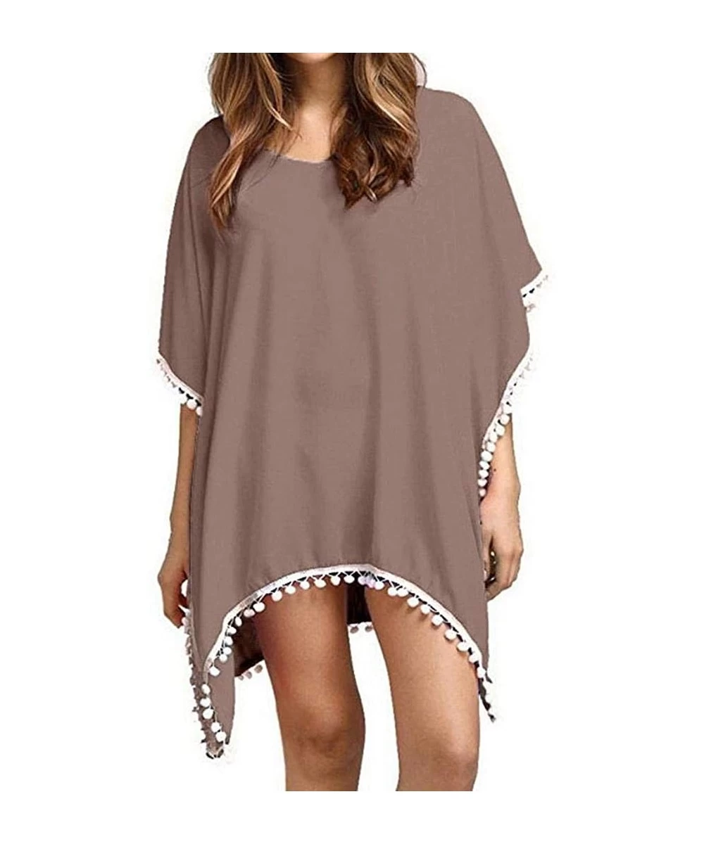 Cover-Ups Women Sexy Chiffon Perspective Swimsuit Beach Bikini Pullover Cover Up - Brown - CH198G6HU4Y