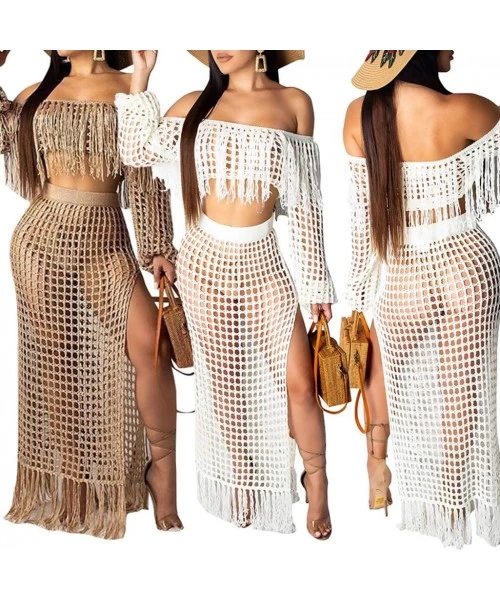 Cover-Ups Tassel Crochet Maxi Dresses for Women 2 Piece Crop Top Maxi Skirt Set Beach Outfits Bohemian Long Dress - Black - C...