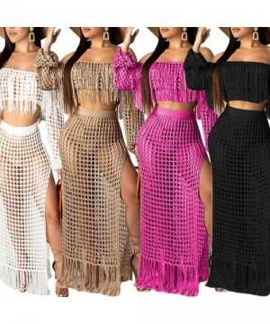 Cover-Ups Tassel Crochet Maxi Dresses for Women 2 Piece Crop Top Maxi Skirt Set Beach Outfits Bohemian Long Dress - Black - C...