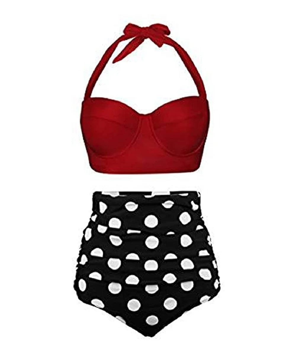 Sets Women's High Waisted Bikini Sets Two Piece Vintage Ruched Swimsuit Retro Bikini Swimsuits Bathing Suit - Red - CF1965RG9RT