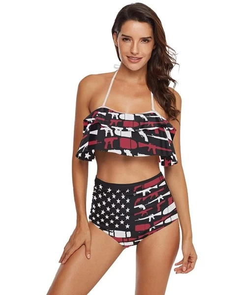 Sets Women Flounce High Waisted Bikini Set Halter Neck Two Piece Swimsuit Police Blue Line Flag - Gun Country Usa Flag - CQ18...