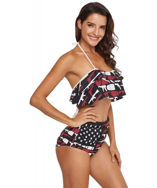 Sets Women Flounce High Waisted Bikini Set Halter Neck Two Piece Swimsuit Police Blue Line Flag - Gun Country Usa Flag - CQ18...