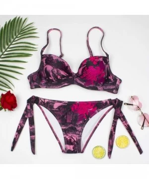 Sets Women's Swimsuit Floral Leaf Print Padded Bathing Suits Adjustable Straps Bikini Set - Rose Red Floral - CE194LMZ5TE