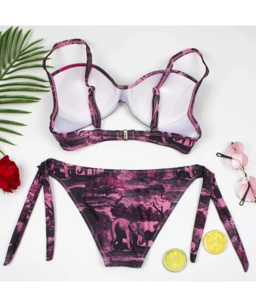 Sets Women's Swimsuit Floral Leaf Print Padded Bathing Suits Adjustable Straps Bikini Set - Rose Red Floral - CE194LMZ5TE