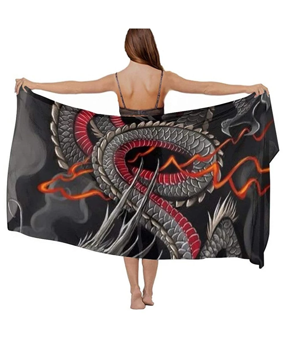 Cover-Ups Women Girls Fashion Chiffon Beach Bikini Cover Up Sunscreen Wrap Scarves Black Red Chinese Dragon Dragon Ball Art -...