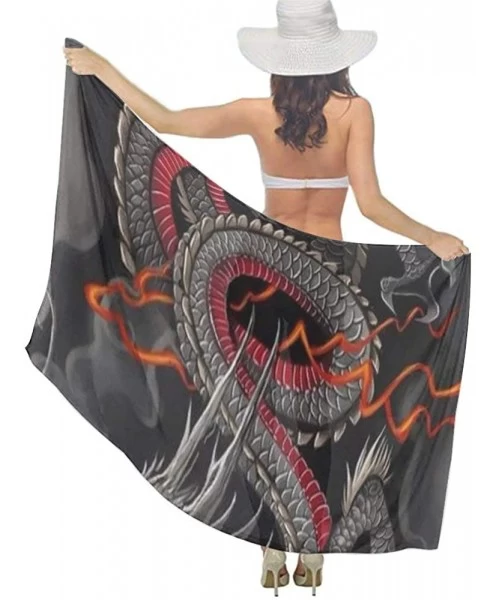 Cover-Ups Women Girls Fashion Chiffon Beach Bikini Cover Up Sunscreen Wrap Scarves Black Red Chinese Dragon Dragon Ball Art -...