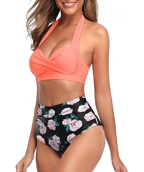 One-Pieces Swimsuit for Women Two Piece Retro Halter Ruched High Waist Print Bikini Set Swimwear Beach Bathing Suits Orange -...