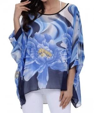 Cover-Ups Women's Chiffon Caftan Poncho Tunic Top Cover up Batwing Blouse - Blue Flower - CG18R7D434Y