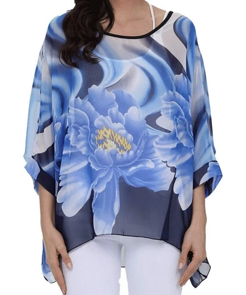 Cover-Ups Women's Chiffon Caftan Poncho Tunic Top Cover up Batwing Blouse - Blue Flower - CG18R7D434Y