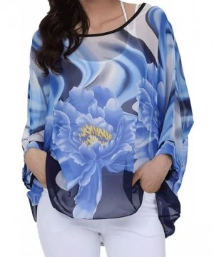 Cover-Ups Women's Chiffon Caftan Poncho Tunic Top Cover up Batwing Blouse - Blue Flower - CG18R7D434Y