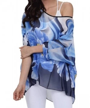 Cover-Ups Women's Chiffon Caftan Poncho Tunic Top Cover up Batwing Blouse - Blue Flower - CG18R7D434Y