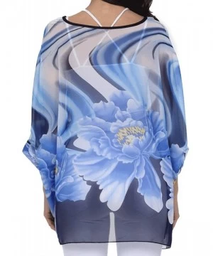 Cover-Ups Women's Chiffon Caftan Poncho Tunic Top Cover up Batwing Blouse - Blue Flower - CG18R7D434Y