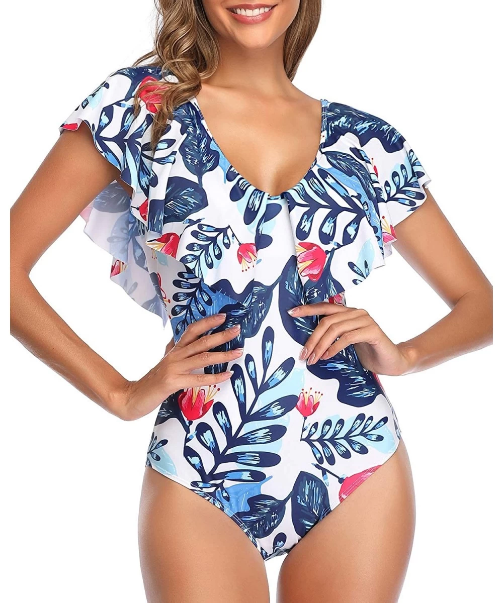 One-Pieces Women One Piece Flounce Ruffle Swimsuit Deep V Neck Plunge Swimwear - White Blue Leaves - CD18YHLR9I0