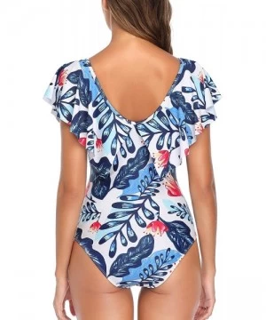 One-Pieces Women One Piece Flounce Ruffle Swimsuit Deep V Neck Plunge Swimwear - White Blue Leaves - CD18YHLR9I0