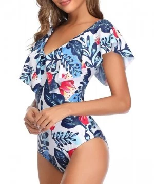 One-Pieces Women One Piece Flounce Ruffle Swimsuit Deep V Neck Plunge Swimwear - White Blue Leaves - CD18YHLR9I0