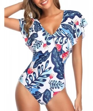 One-Pieces Women One Piece Flounce Ruffle Swimsuit Deep V Neck Plunge Swimwear - White Blue Leaves - CD18YHLR9I0