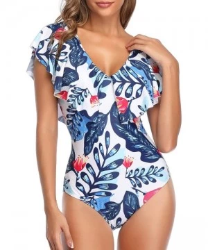 One-Pieces Women One Piece Flounce Ruffle Swimsuit Deep V Neck Plunge Swimwear - White Blue Leaves - CD18YHLR9I0