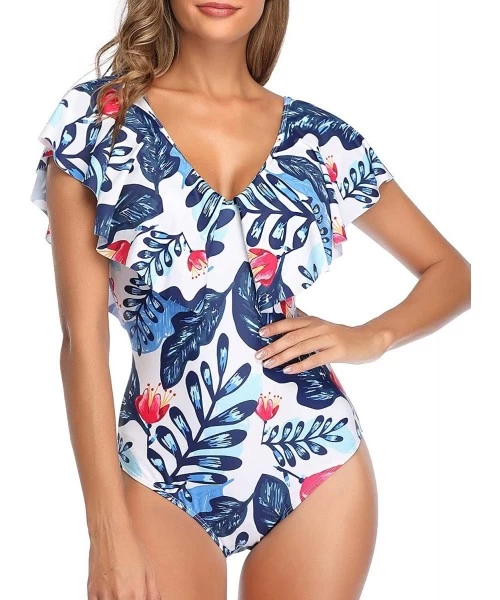 One-Pieces Women One Piece Flounce Ruffle Swimsuit Deep V Neck Plunge Swimwear - White Blue Leaves - CD18YHLR9I0