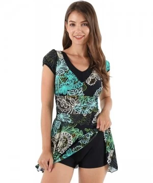 One-Pieces Women's One Piece Short Sleeve Swimsuit Printing Swim Dress V Neck Swimwear with Skirt - Black - CE18EMR5C5Q