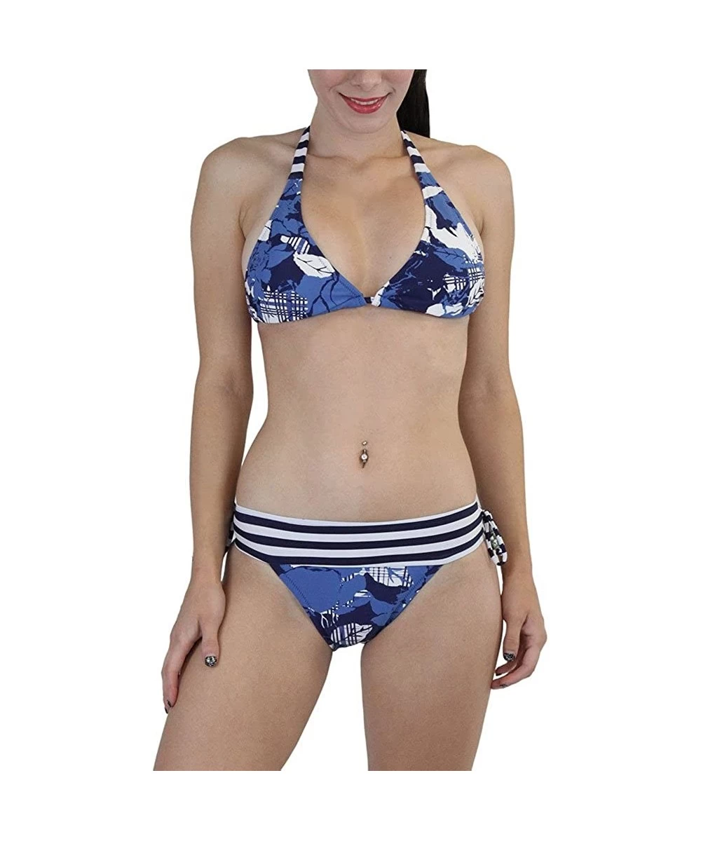 Tankinis Women's Halter Top & Bottoms Two Piece Bikini Set - Stripes & Floral - Blue - C311EV56PJR