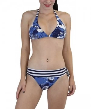 Tankinis Women's Halter Top & Bottoms Two Piece Bikini Set - Stripes & Floral - Blue - C311EV56PJR