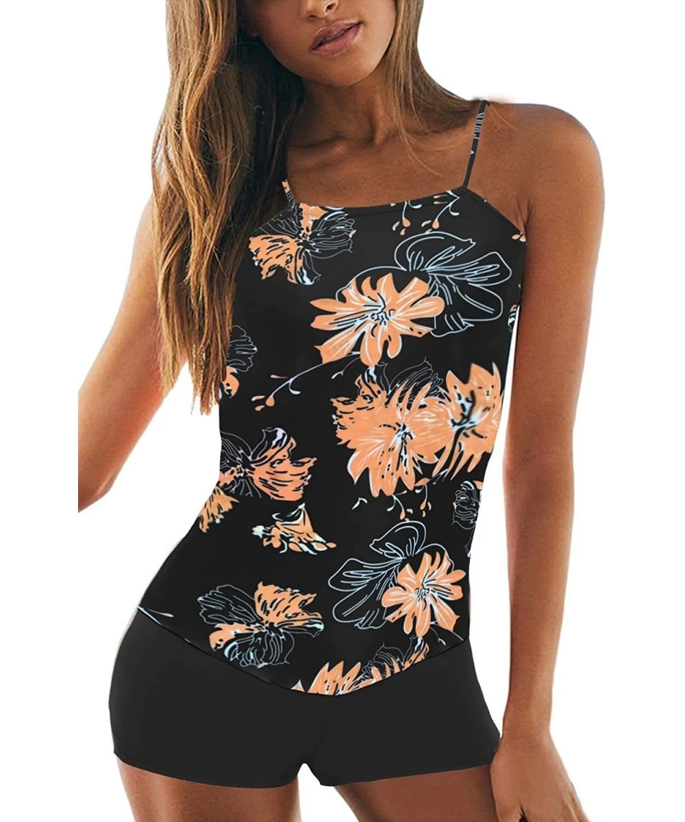 Tankinis Women's 2 Piece Swimsuits High Neck Halter Printed Tankini Sets Tummy Control Bathing Suit - Black Floral - CW190MAOAKH