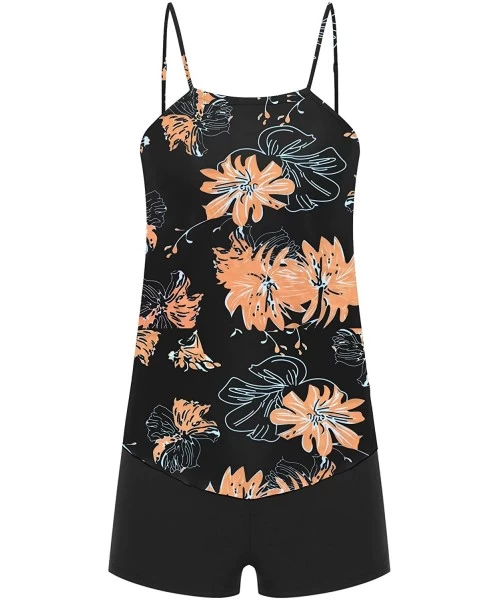 Tankinis Women's 2 Piece Swimsuits High Neck Halter Printed Tankini Sets Tummy Control Bathing Suit - Black Floral - CW190MAOAKH