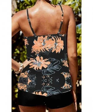 Tankinis Women's 2 Piece Swimsuits High Neck Halter Printed Tankini Sets Tummy Control Bathing Suit - Black Floral - CW190MAOAKH