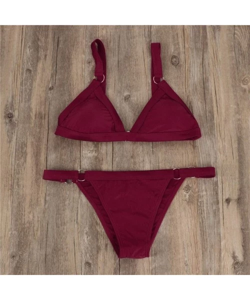 Sets Womens Bathing Suits Bandeau Bandage Bikini Set Push Up Brazilian Swimwear Bottoms Padded 2 Piece Swimsuit Wine Red - C4...