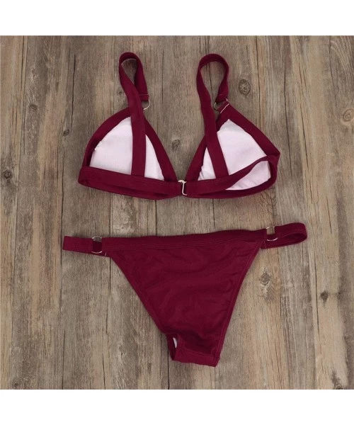 Sets Womens Bathing Suits Bandeau Bandage Bikini Set Push Up Brazilian Swimwear Bottoms Padded 2 Piece Swimsuit Wine Red - C4...