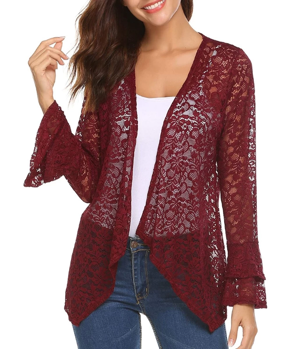 Cover-Ups Women's Bell Sleeve Open Front Cardigans Lace Crochet Loose Casual Cover Up - Wine Red - CP18H7AAG4X