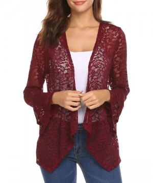 Cover-Ups Women's Bell Sleeve Open Front Cardigans Lace Crochet Loose Casual Cover Up - Wine Red - CP18H7AAG4X