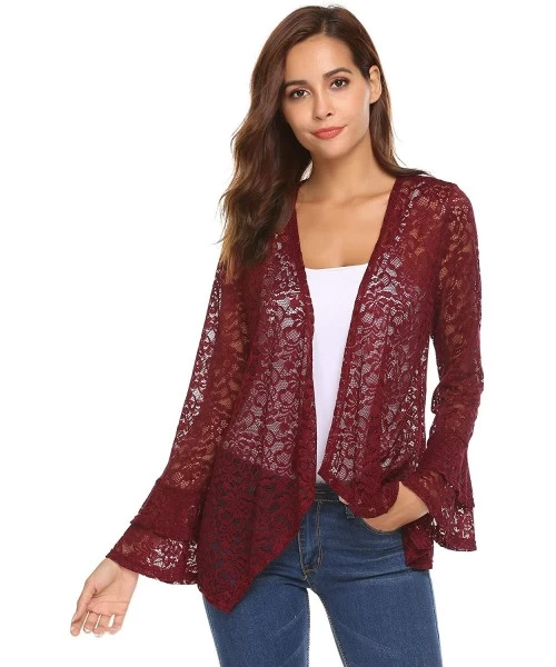 Cover-Ups Women's Bell Sleeve Open Front Cardigans Lace Crochet Loose Casual Cover Up - Wine Red - CP18H7AAG4X