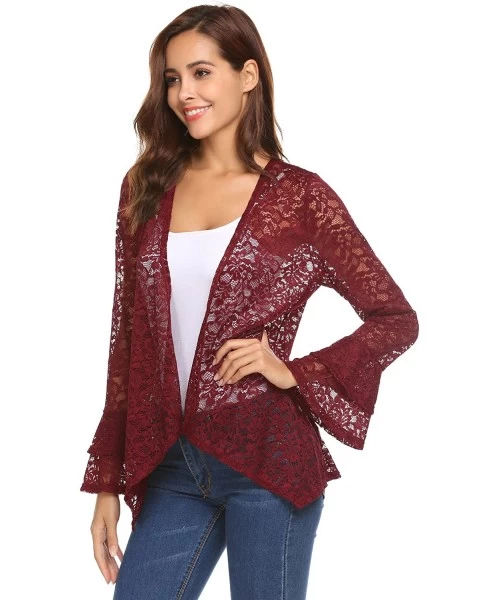 Cover-Ups Women's Bell Sleeve Open Front Cardigans Lace Crochet Loose Casual Cover Up - Wine Red - CP18H7AAG4X