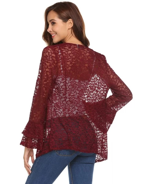 Cover-Ups Women's Bell Sleeve Open Front Cardigans Lace Crochet Loose Casual Cover Up - Wine Red - CP18H7AAG4X