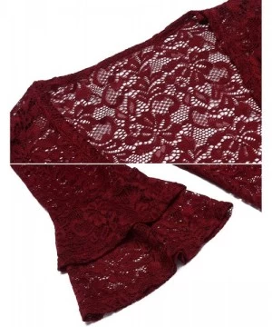 Cover-Ups Women's Bell Sleeve Open Front Cardigans Lace Crochet Loose Casual Cover Up - Wine Red - CP18H7AAG4X