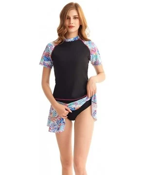 Racing Women Two Piece Short Sleeve Swimwear Print Tankini Top with Swim Skirt Swimsuit Set - N2 - CP195GEUNAA