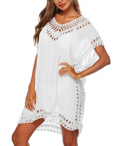 Cover-Ups Swimsuit Cover Ups for Women- V Neck Hollow Out Crochet Chiffon Summer Beach Cover Up Dress- One-Size - White - C01...